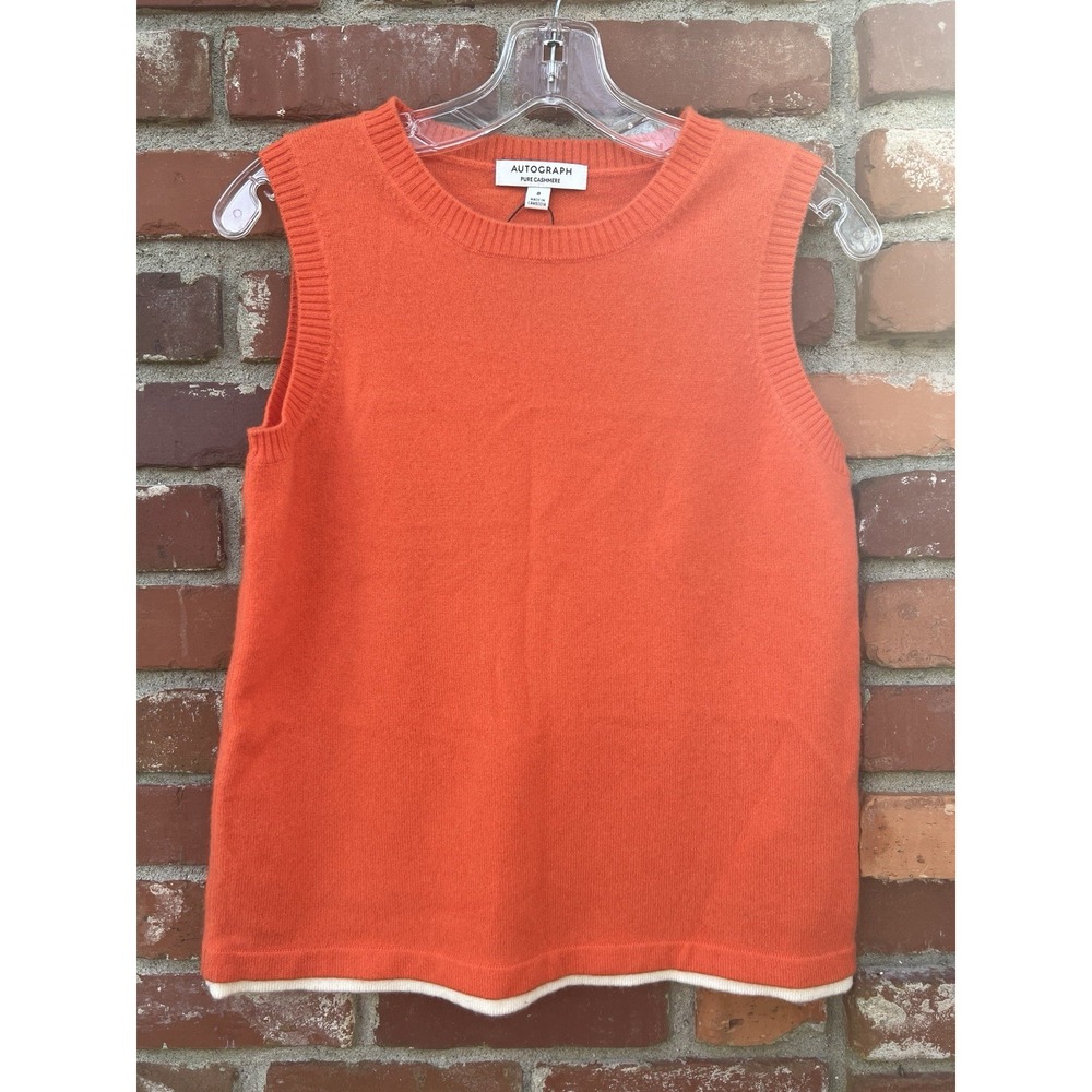 AUTOGRAPH Pure Cashmere Orange Cozy Plush Soft Luxe Sleeveless Sweater Sz 8 NWOT